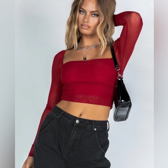 Princess Polly Tops - Princess Polly City Light Red Sheer Long Sleeve Crop Top